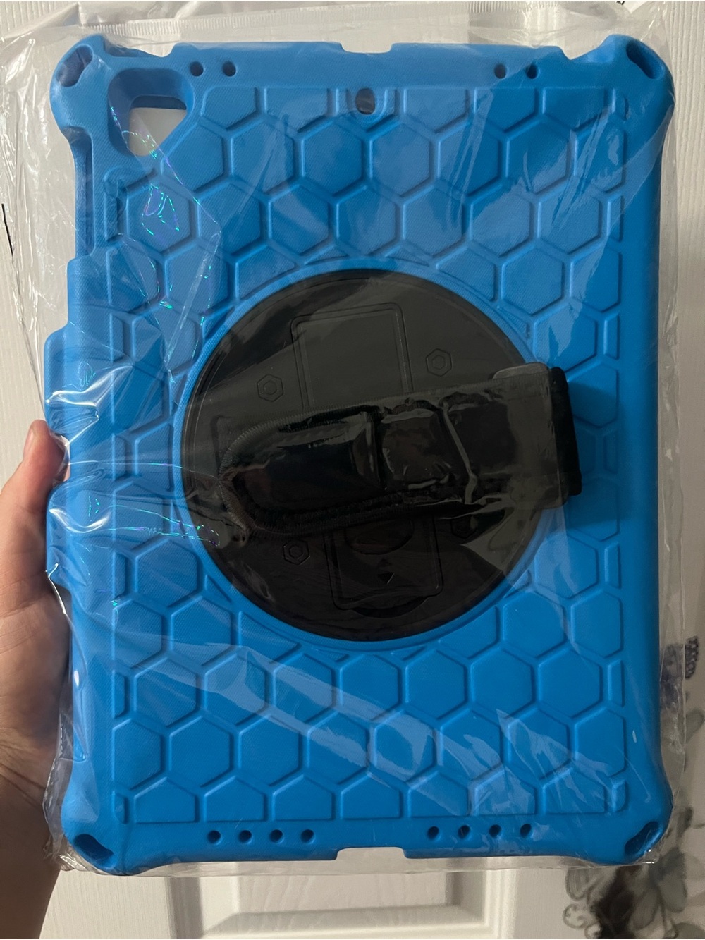 Blue Honeycomb Kid-Friendly Tablet Case with Rotating Hand Strap